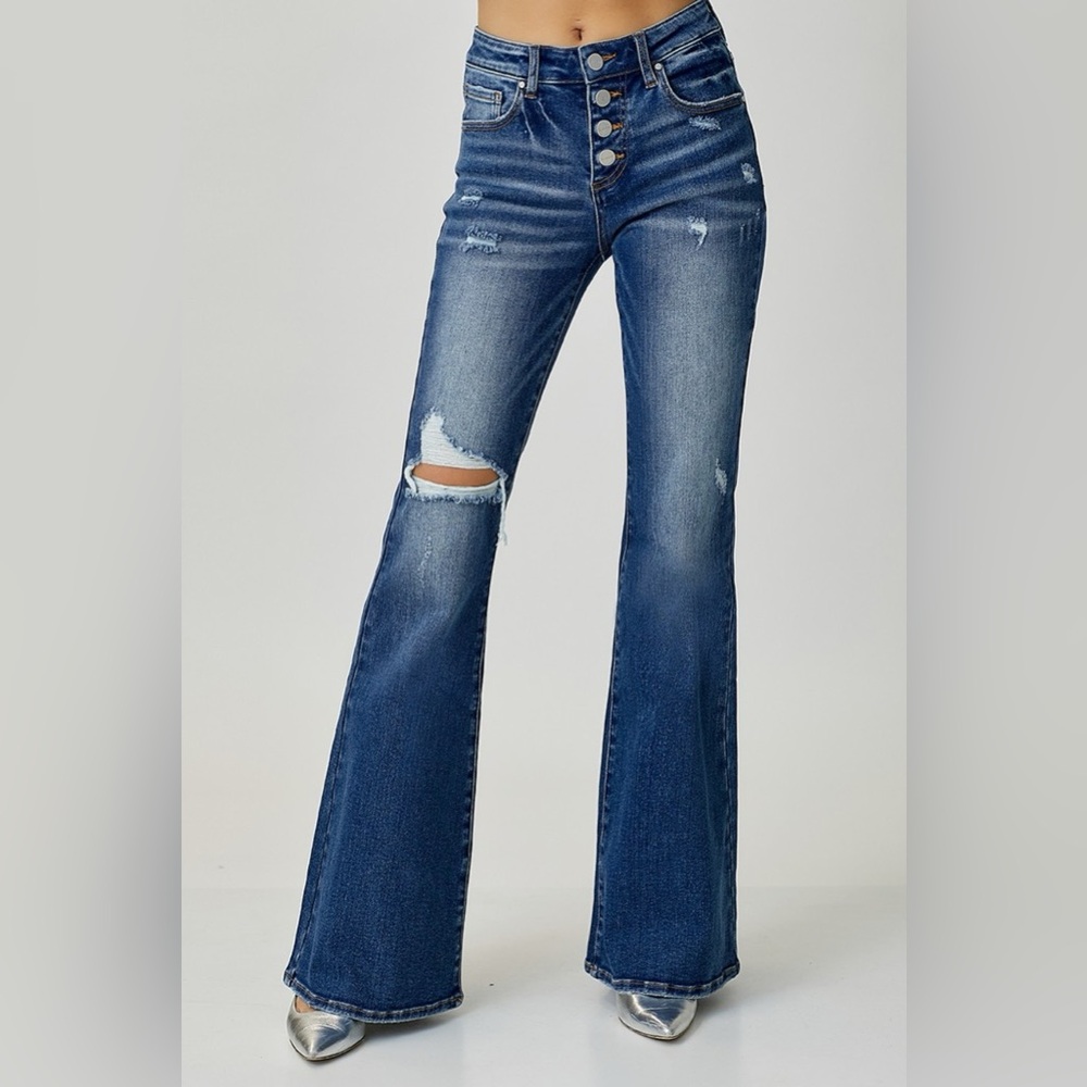 RISEN Distressed Button-Fly Flare Jeans